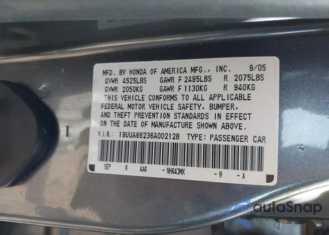 2006 Acura Tl из США, поврежденный, VIN 19UUA66236A002128